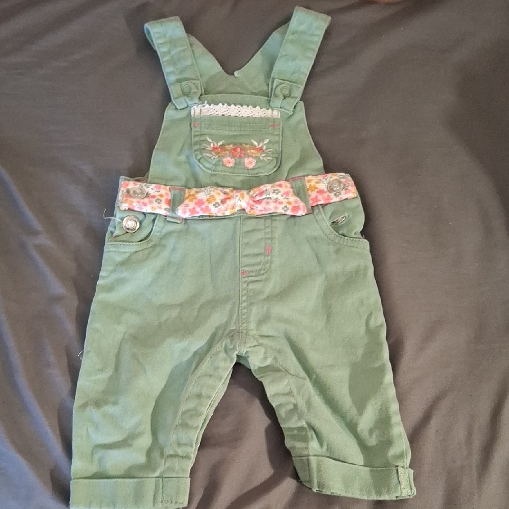 Green Floral-Trim Girls Overalls with Embroidered Pocket